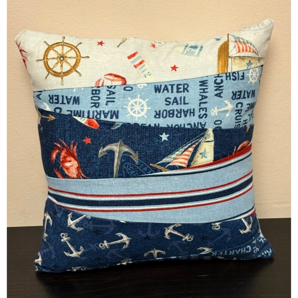 Nautical Decorative Pillow Anchor & Sailboat Pattern Handmade Cotton Blend 9"X9"